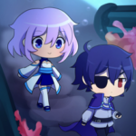 Two chibis walking into the ocean